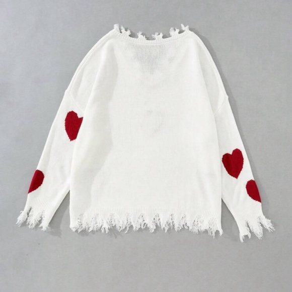 Women's Heart Pattern Ripped Sweater V Neck Distressed Knit Pullover Sweater - Picture 4 of 8